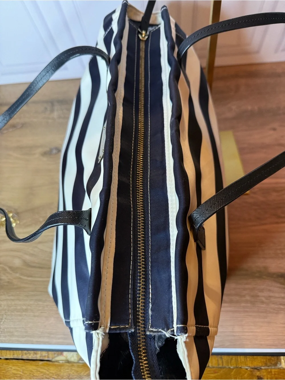 Kate Spade New York Navy & White Striped Nylon Zip Tote Large Shoulder Bag